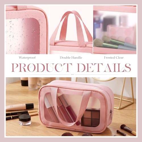 Abbylike 12 Pcs Clear Toiletry Bags with Handle for Women and Men, Matte Translucent Waterproof Cosmetic Bags with Zipper for Travel Toiletries Wash Shower Accessories Bachelorette Bridal Party(Pink)