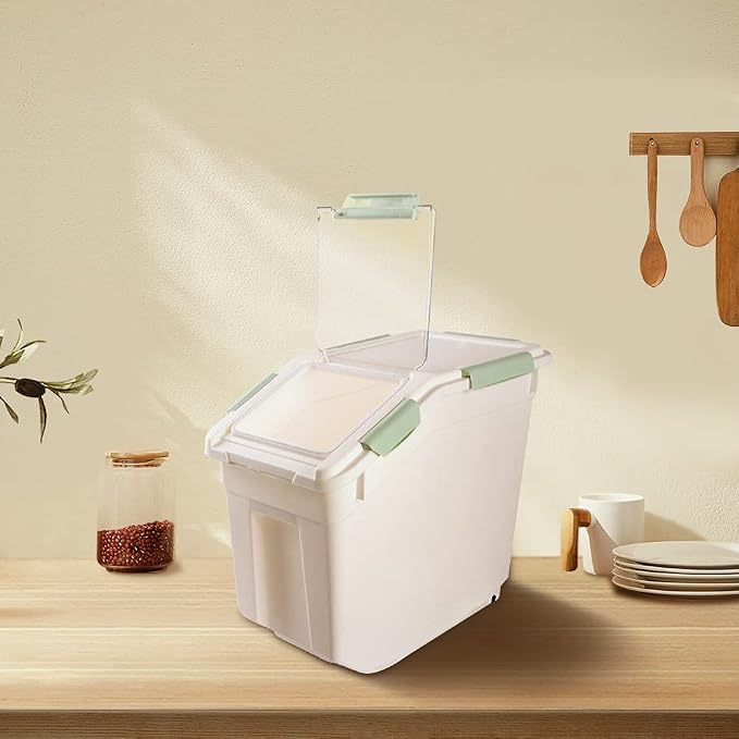 Airtight Flour Storage Container 25 lb Rice Storage Container with Wheels Seal Locking Lid, Food Containers with Measuring Cup& Scoop for Flour, Rice, Grain(Cyan)