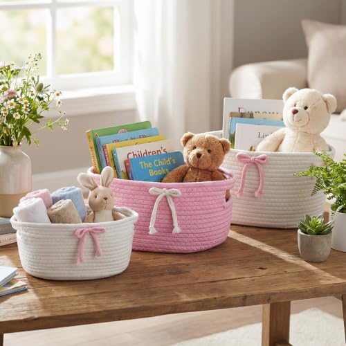 3 Pcs Bow Storage Baskets Woven Cotton Rope Laundry Hamper with Handles, Pink and White Set for Home Decor Organization, Nursery, Pet Toy Bin