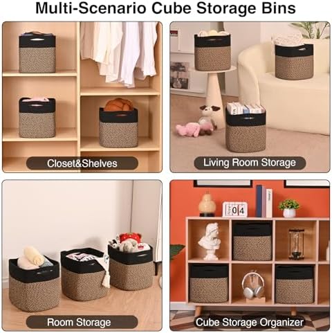 ICERZCZ 11 Inch Cube Storage Bins, Storage Cube Organizer Bins, Woven Cotton Rope Baskets for Storage, Storage Basket for Organizing Shelves, Square Baskets for Toys Nursery, Black & Jute (Pack of 3)