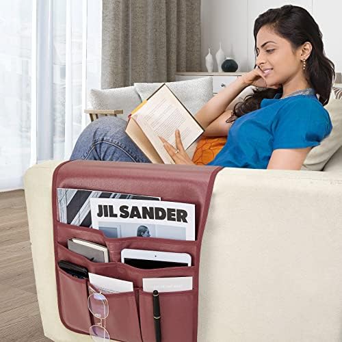Teniux Remote Control Holder GRS Certified Armrest Organizer with 6 Pockets for recliner couch sofa, Recycled Material Armchair Caddy for Smart Phone, Book, Magazines, Ipad, Remotes(Rose Wine)