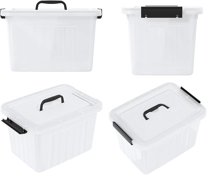 Clear Storage Latch Bin 12 Quart, Plastic Organizing Box, 6-Pack | Stackable Clear Containers with Secure Latching Lids / Black Handles, for Closet, Pantry, Garage, and Craft Storage