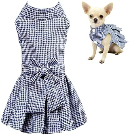 Classic Plaid Dog Dress with Bow Tie for Small Dogs Cats Girls, Cute Puppy Dresses Clothes with Bowknot Chihuahua French Bulldog Pet Apparel Outfits (Blueberry Blue, X-Small)