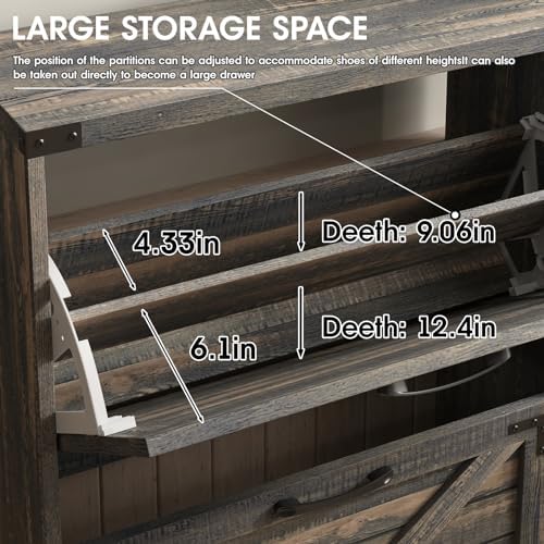 Maupvit 24" W Farmhouse Shoe Cabinet Storage for Entryway, Freestanding Organizer with 2 Flip Drawers, Narrow Shoe Rack Cabinet with Metal Corner Decoration, Dark Rustic Oak