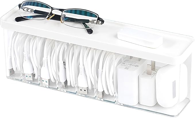 Charger Cable Cord Storage Organizer Box - Easy Storage Without Cable Ties | with Lid,Dust-Proof,Space Saving,6 Standard Space and 1 Larger Space,for Home Office Desk Accessories Supplies