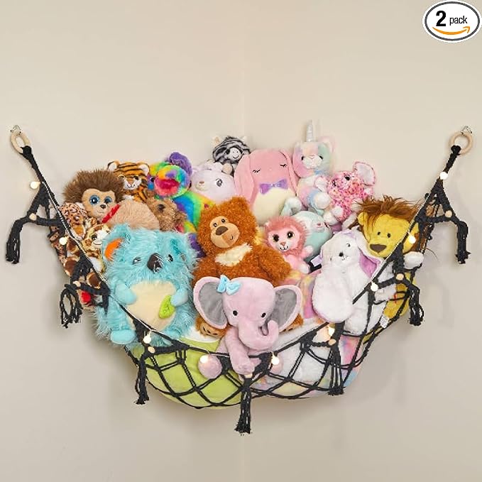 Stuffed Animal Storage Macrame Hammock w/String Lights - Large, 2 Pack - Boho Decor Toy Storage - Corner Hanging Plushie Stuffed Animal Net Organizer (Black)