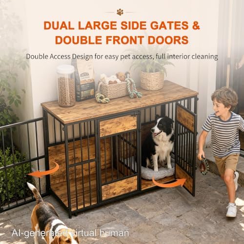 Semiocthome Dual Compartment Furniture Dog Crate, Antique Brown | Sturdy Metal Bars Dog Kennel with 4 Large Gates and Wood Storage Top, Indoor Pet Cage for Small and Medium Size Dogs
