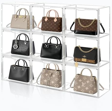 10 Pack Acrylic Purse Storage Organizer for Closet, Stackable | Clear handbag display case with Magnetic Doors, for Hats Books, and Collectibles