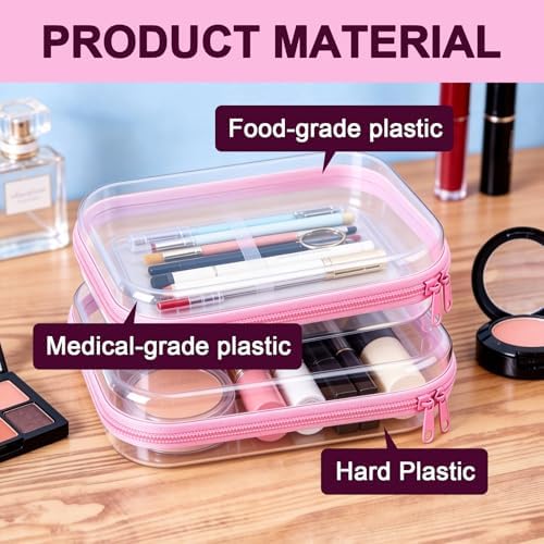 2 Pack Pink Clear Hard Shell Zipper Case, 8.86" x 6.38", Zipper Pouch