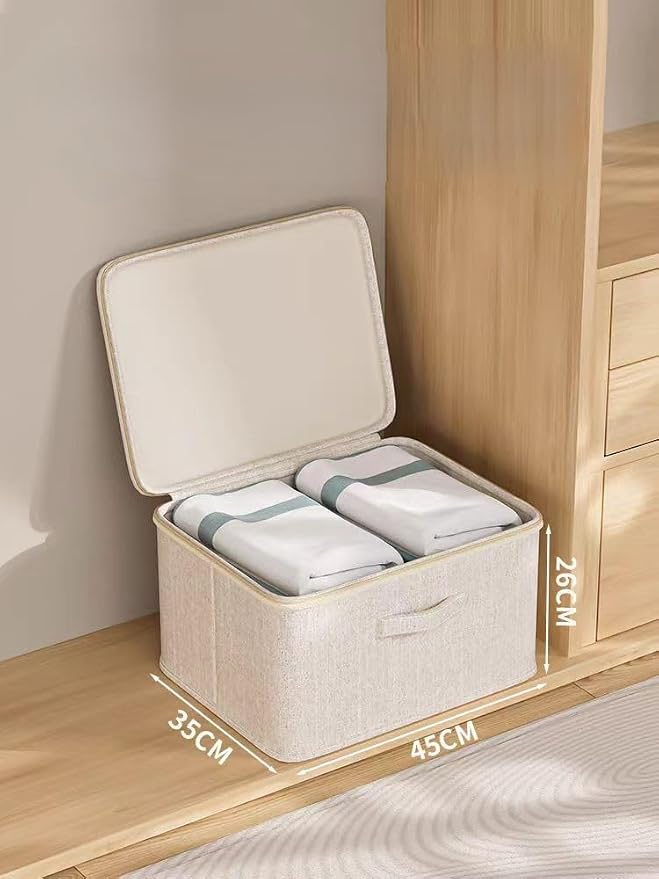 [3 Pack] Beige Cotton Linen Collapsible Storage Bins for Home Organization, Waterproof Fabric Foldable Organizer Boxes, 17.72 x 13.78 x 10.24 Inches, Zippered Flap & Handle (Large)