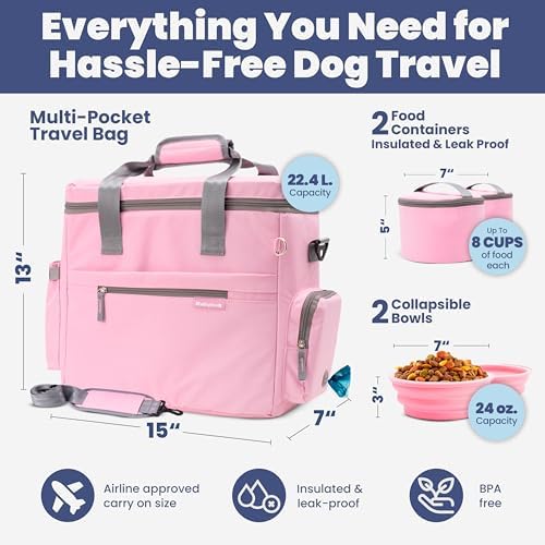 Rubyloo Original Doggy Bag (Pink) & 32oz Insulated Water Bottle with Attached 8oz Bowl (Solid Dusty Blue) – Dog Travel Bag & Hydration Set