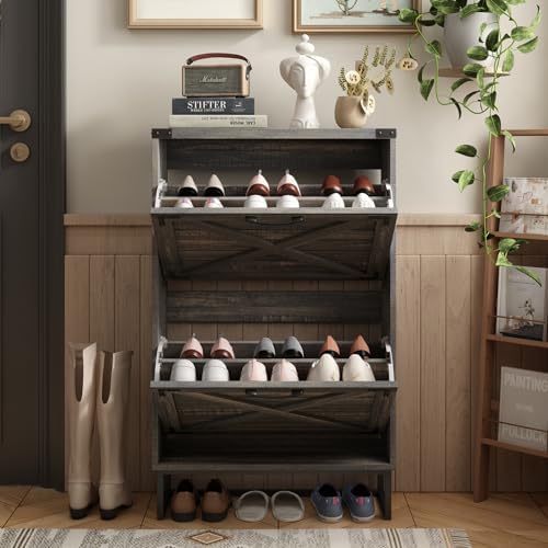 Maupvit 24" W Farmhouse Shoe Cabinet Storage for Entryway, Freestanding Organizer with 2 Flip Drawers, Narrow Shoe Rack Cabinet with Metal Corner Decoration, Dark Rustic Oak