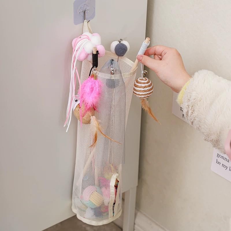 Cat Wand Toy Storage Organizer, Wall Mounted Mesh Holder for Cat Toys, Space-Saving with Adhesive Hooks (Single Compartment)