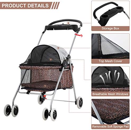 Meet Perfect Pet Stroller for Small/Medium Dogs & Cats, Leopard, Foldable | Waterproof fabric helps protect pets during outdoor travel; Mesh panels provide ventilation and visibility.
