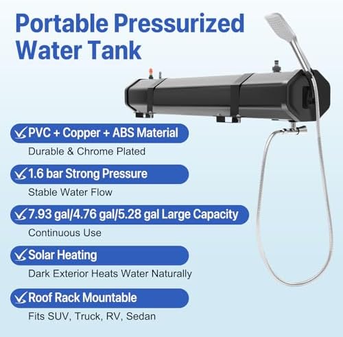 7.93 Gallon Pressurized Water Tank,Portable Car Camping Shower Water Storage Roof Rack Mounted Solar Shower or Overland Off-Road Vehicles, Pick-up Truck,Outdoor Activities Water Supply, RV, Camping