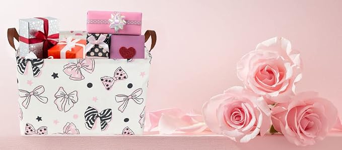 Essme Rectangular Pink Basket ,Mother's Day Basket, Storage Baskets Organizer with Handles for Room Decor,Gift Bins.(Bowknot )