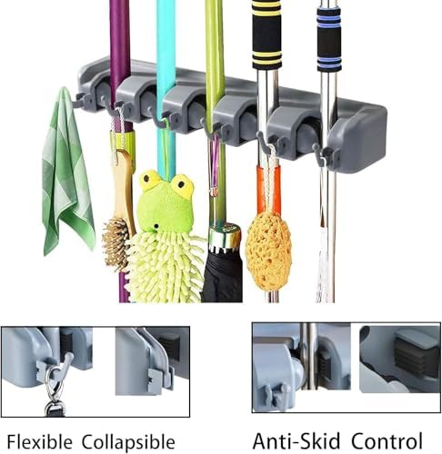 PP Plastic Multi-Function Broom & Mop Wall Mount Holder (16.93.352.36in, Gray) - Screw-Mounted Space Saver for Kitchen/Garage/Garden Tool Organization