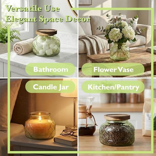 Decorative Green Embossed Glass Jar with Airtight Wooden Lid, 25.4 fl. oz | Wide mouth vintage storage canister, kitchen pantry bathroom organization, coffee sugar tea cookie candy candle vase gift