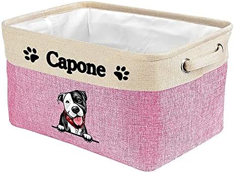 Custom Fabric Dog Toy Storage Basket with My Love Dog Pit Bull Collapsible Sturdy Fabric Pet Toys Storage Bin Cube with Handles for Organizing, Pink and White