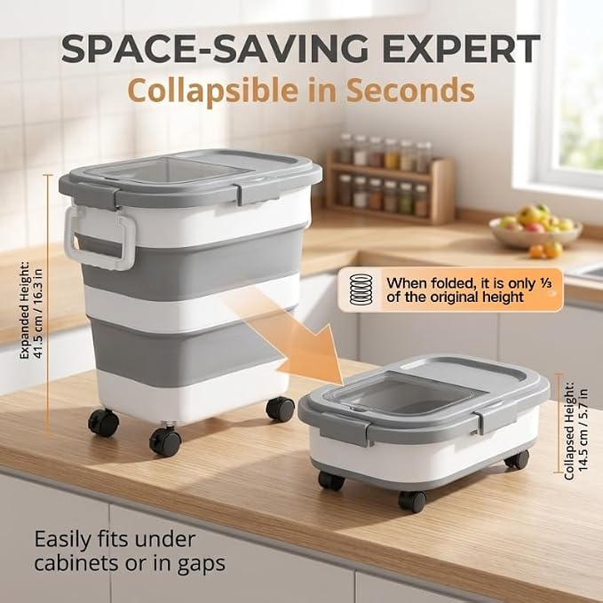 Collapsible Pet Food Storage Container, Airtight Dry Kibble Container with Detachable Wheels and Handle Storage Bin, Foldable Dog Cat Food Holder for Pantry Organization, 22-24 lbs