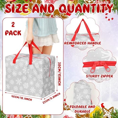 Kajaia 2 Pcs Christmas Ornament Storage 18 x 15 x 10 Inch Snowflake Holiday Accessories Bag Christmas Storage Containers Tear Proof Xmas Ornament Organizer with Handles Full Length Zipper (Gray)