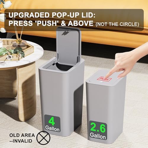 N. NETDOT 3 Pack (2 of 4 Gal & 1 of 2.6 Gal) Small Trash Can with Lid,Bathroom Garbage Can with Pop-Up Lid,Waste Basket for Bathroom,Kitchen,Bedroom,Powder Room,Craft Room,Office,College (Gray)