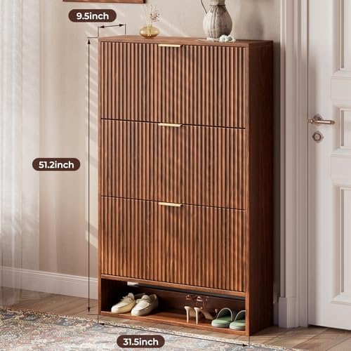 Evermagin 31.5''W Walnut Shoe Cabinet Storage for Entryway, Fluted Slim Shoe Dresser with 3 Flip Drawers, Narrow Shoe Rack Cabinet, Hidden Shoe Organizer Cabinet for Entrance, Hallway
