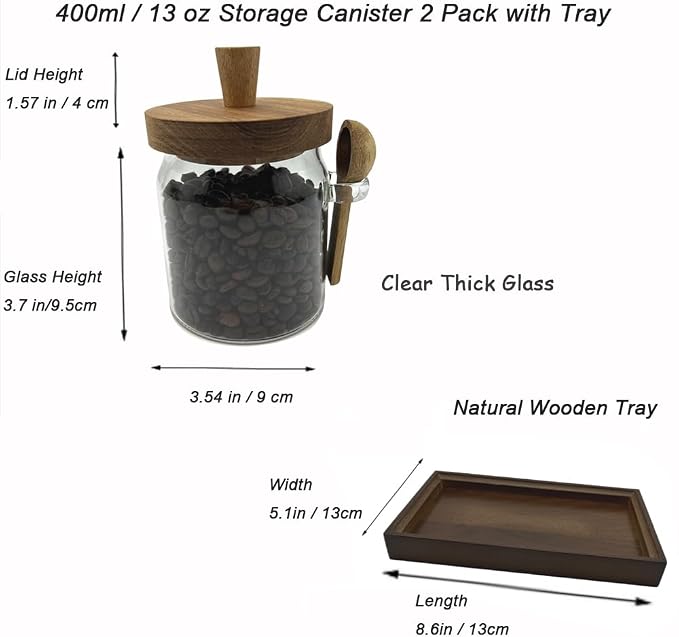 Glass Jars with Brown Wooden Lids and Scoop, Airtight Food Storage Containers with Tray for Sugar Coffee Bean Candy Spice (2, Brown, 13 oz)