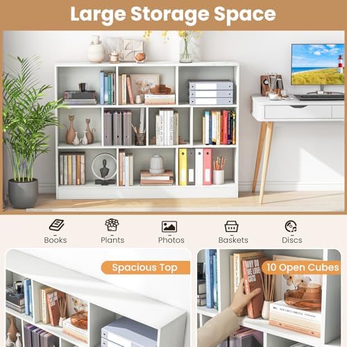 Giantex 10 Cube Bookcase, 4-Tier Freestanding Bookshelf w/ 10 Open Compartments, 2 Anti-Tipping Kits, Modern Display Cabinet, 41" Wood Cubby Storage Organizer for Living Room, Bedroom, White