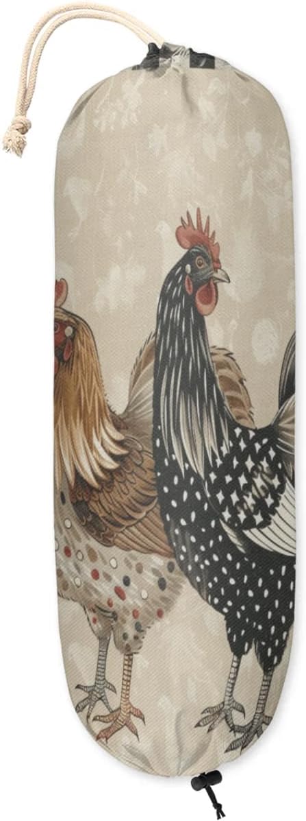 Vintage Chicken Plastic Bag Holder Leaves Rustic Farm Rooster Grocery Bag Storage Dispenser Washable Hanging Shopping Bags Carrier Reusable Wall Mount Trash Bag Organizer for Kitchen Pantry