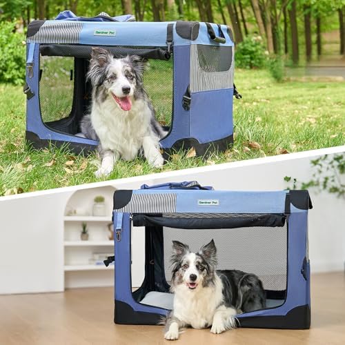 Gardner Pet 36 Inch Folding Soft Dog Crate -5 Mesh Windows Collapsible Dog Crate with 2 Storage Bags and Fleece Bed, Portable Dogs Travel Kennel for Medium/Large Dogs Indoor & Outdoor, Blue