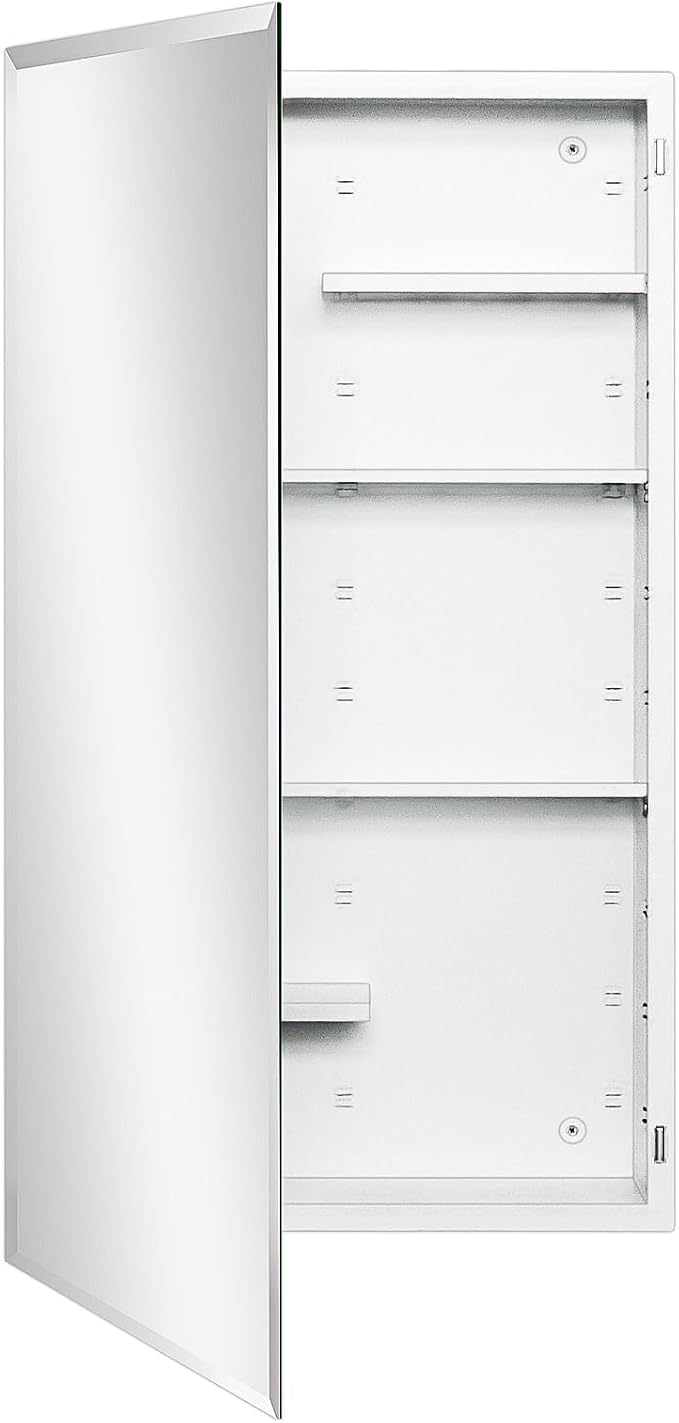 White Metal Medicine Cabinet, 20 x 36 Beveled Mirror, Surface Mount Storage | 20 x 36 Bathroom Mirror Cabinet with Adjustable Staggered Shelves, Continuous Piano Hinge, Reversible Door Swing, Matte White