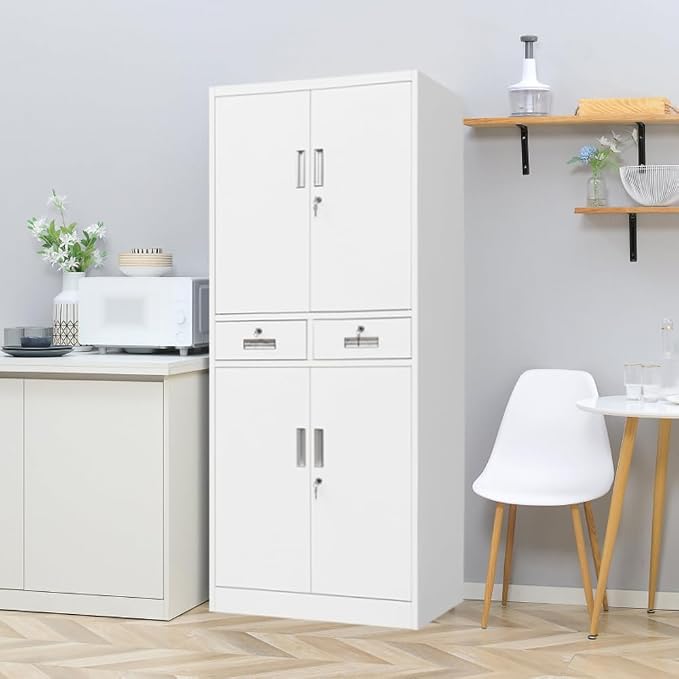 CJF 71" H Tall Metal Storage Cabinet with Drawer, Locking Garage Cabinet with 2 Adjustable Shelves, Heavy-Duty Tool File Storage Cabinets for Home Office, Kitchen, Warehouse, Shop (White)