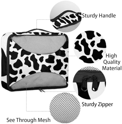 Black White 4 Set Packing Cubes Luggage Organizer Bags for Travel Accessories and Essentials, Fun Cow Print Farm Animal