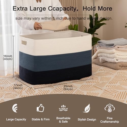 OIAHOMY 118L Extra Large Blanket Basket Cotton Rope Storage Basket Blue | 5" x 17" x 16", Rectangular Baskets Living Room,Used for storing Dirty Clothes, Toy Storage for Nursery Brown Black