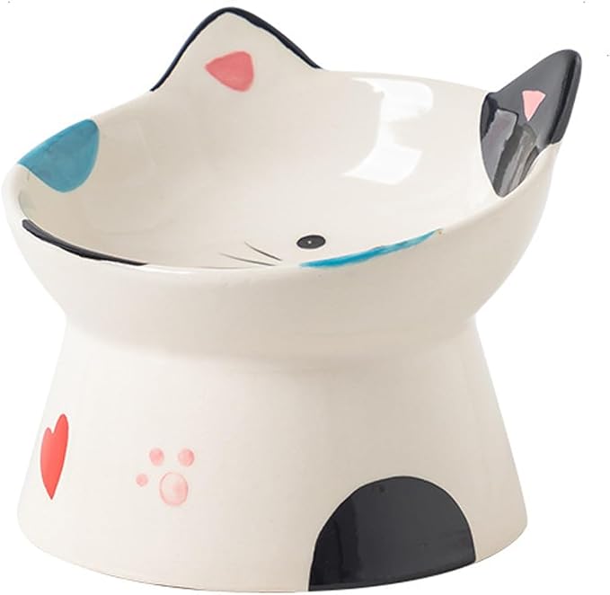 Cute Ceramic Raised Cat Bowls Elevated Design, 15° Tilted FeederProtect Cat's Spine Anti Vomiting Blow for Flat Faced Cats, Kitten Small Dogs,Raise Tilted Cat Food Bowld Pet Dishes(Black)