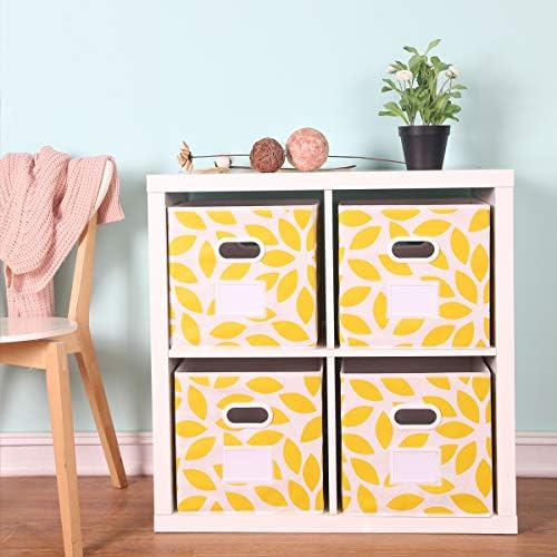 MAX Houser 4 Pack Foldable Fabric Storage Bins with Plastic Handles, Yellow | Collapsible Space-Saving Fabric Cube Storage Organizer Bins, Non-Woven Fabric with Reinforced Grommet Handles
