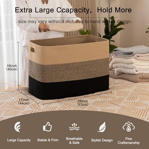 OIAHOMY 118L Extra Large Blanket Basket Cotton Rope Storage Basket Black | 25" x 17" x 16", Rectangular Baskets Living Room,Used for storing Dirty Clothes, Stuffed Animal Toy Storage for Nursery Brown