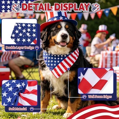 4th of July Dog Bandanas Dual-Layer 2 Pack, Patriotic American Flag Pet Reversible Triangle Scarf, Memorial Independence Day USA Bandana for Large and Extra Large Dogs(Large)