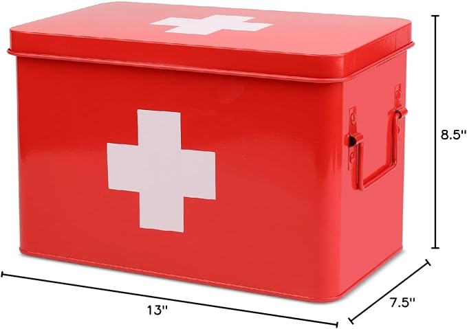 Flexzion Large Metal First Aid Box Empty, 13-Inch, Red with White Cross | Vintage Medicine Box and First Aid Storage Organizer with Removable Tray and Dividers; Empty Box Only, Supplies Not Included