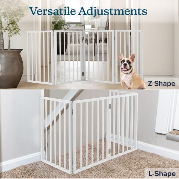 Pet Gate - 4-Panel Indoor Foldable Dog Fence for Stairs, Hallways or Doorways - 72x24-Inch Retractable Wood Freestanding Dog Gates by PETMAKER (White) | Foldable Dog Fence with Accordion Design, Wooden Safety Pet Fence for Stairs, Hallways, Doorways, a...