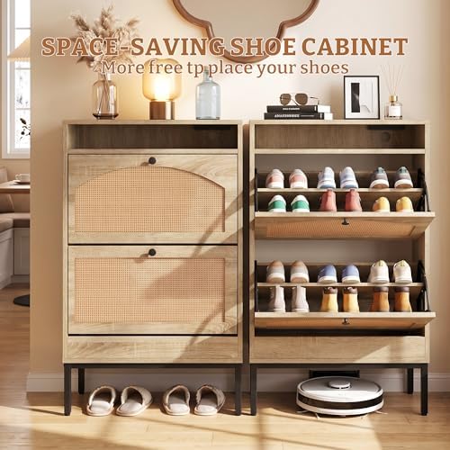 2 Flip Drawers Shoe Cabinet Storage for Kid’s/Women, Narrow Shoes Organizer Cabinetfor Front Door Entrance, Free Standing Hidden Wooden Shoe Rack (Wood)
