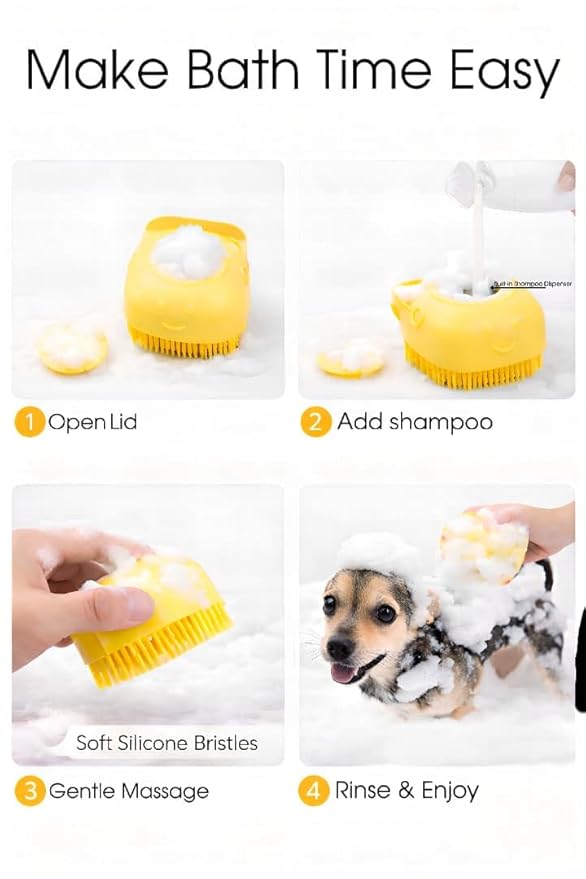 2-in-1 Pet Bath Brush with Shampoo Dispenser – Soft Silicone Grooming Brush for Dogs & Cats – Assorted Colors (Random Color Sent)