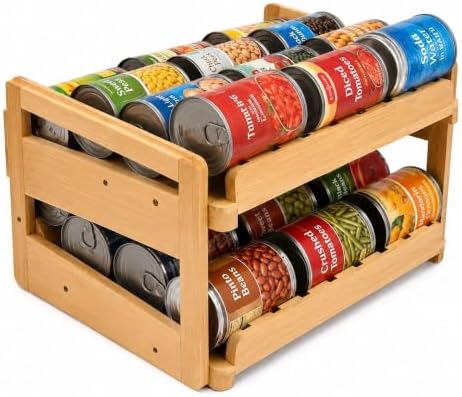 MinBoo Bamboo FIFO Can Organizer for Pantry, 24-Can Gravity Dispenser with Adjustable Dividers, Freestanding Wood Canned Food Storage Rack for Soup, Soda and Pet Food, 15.5" W x 11.6" D x 9.4" H