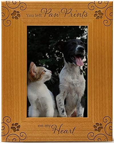 CEDAR CRATE MARKET You Left Paw Prints On My Heart, Pet Memorial Picture Frame Engraved Natural Wood Fits a 4x6 Vertical Portrait, Frame for Condolence for Animal Lovers to Keep Memories Alive