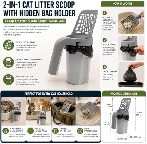 3 in 1 Litter Box Shovel with Hidden Bag Compartment & Clump Separator with 150 Garbage Bags, Cat Litter Scoop with Holder for Quick Cleaning, Litter Scooper for Cat Households (with 15 Bags)