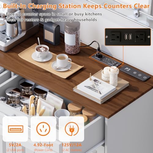 Double 10 Gallon Tilt Out Trash Can Cabinet with Deodorizing Function and Power Outlet, Wooden Hidden Garbage Can Holder with 2 Storage Drawers for Kitchen, Laundry Hamper Cabinet for Bathroom, White