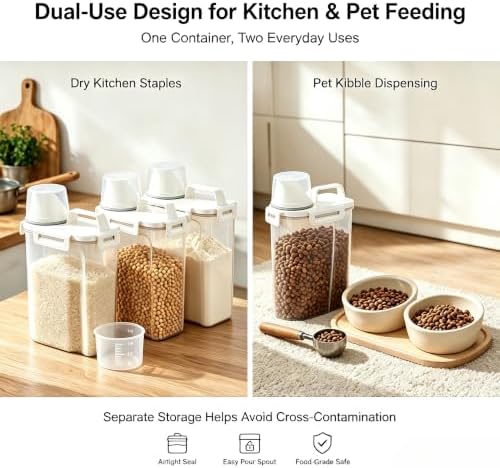 Gagee 4 Pack 3-5 Lb Pet Dog Cat Food Storage Container With Measuring Cup | Cereal Dry Food Flour Bin, Rice Dispenser, BPA Free Plastic Kitchen and Pantry Organization Bin for Sugar,Clear