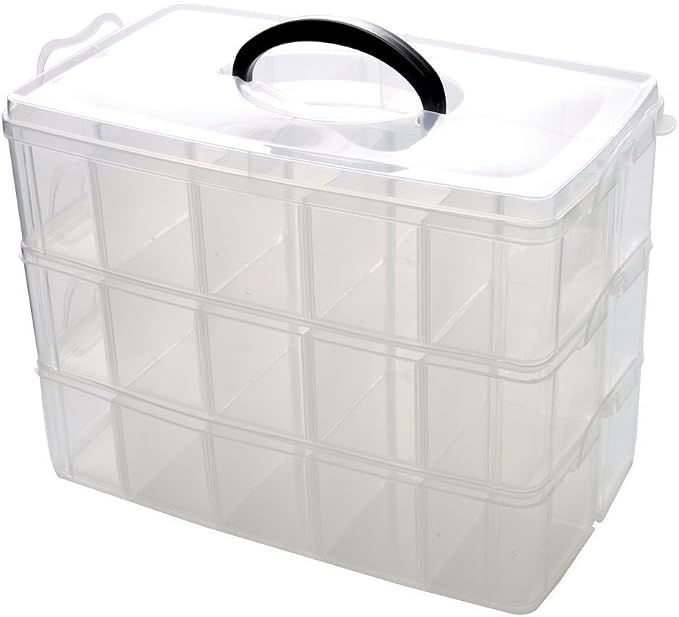 Kamay's Extra Large 3 Tier Stackable Adjustable Compartment Slot Bead Craft Jewellery Tool Storage Organiser Snap-Lock Tray Container, with 30 Compartments, Container Box,White