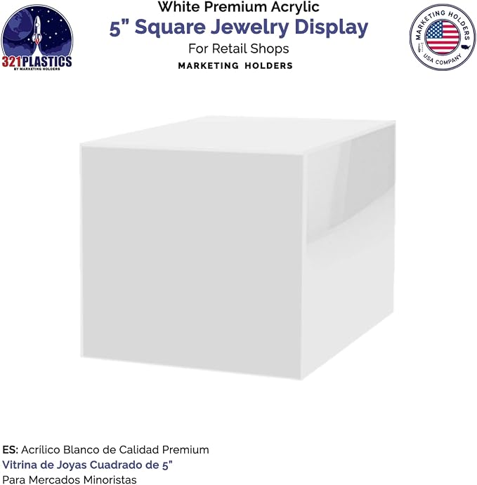 2 Pack 5" Acrylic Display Riser Box with One Open Side No Lid Versatile Preassembled Glossy White Square Retail Merchandise Storage Bin or Product Platform by Marketing Holders
